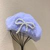 Street Style Pearls Bow Soft Hat Y2K Women Artist Hat Simple Lace Berets Cap  School