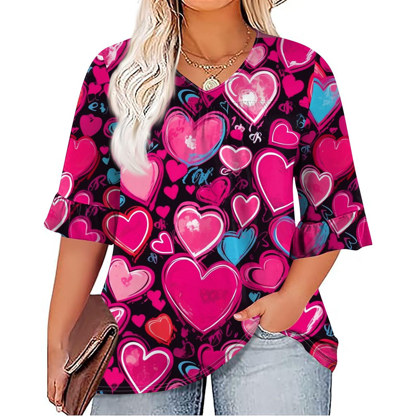 

Женская мода, повседневная плиссированная футболка с v-образным вырезом и принтом, семиминутная футболка с рюшами и рукавами, топы больших размеров XXXL