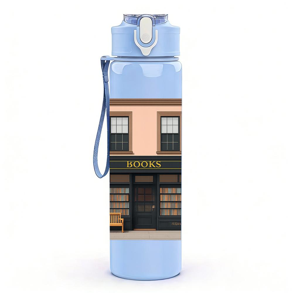 1PC Vintage Street Shop Facade 750ml Color Plastic Sports Water Bottle Leakproof Flip Straw Lid For Sports Office Home Use
