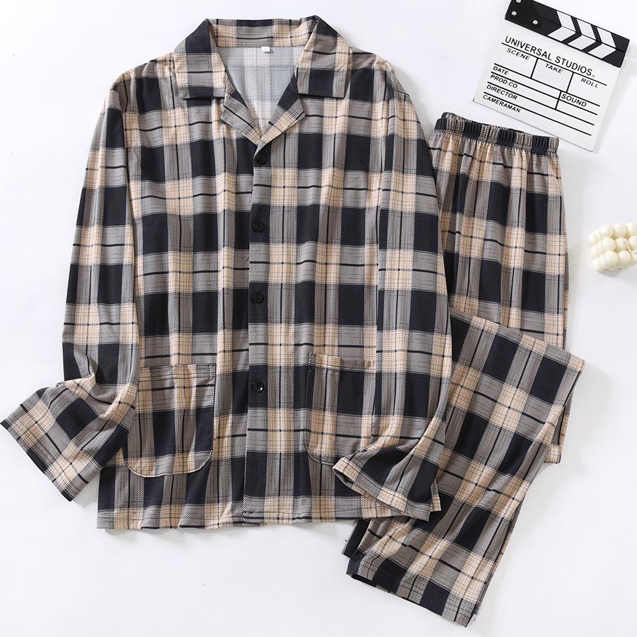 Men's Loose-Fit Pure Cotton Pajama Set: Long Sleeve Cardigan & Pants for Spring/Autumn