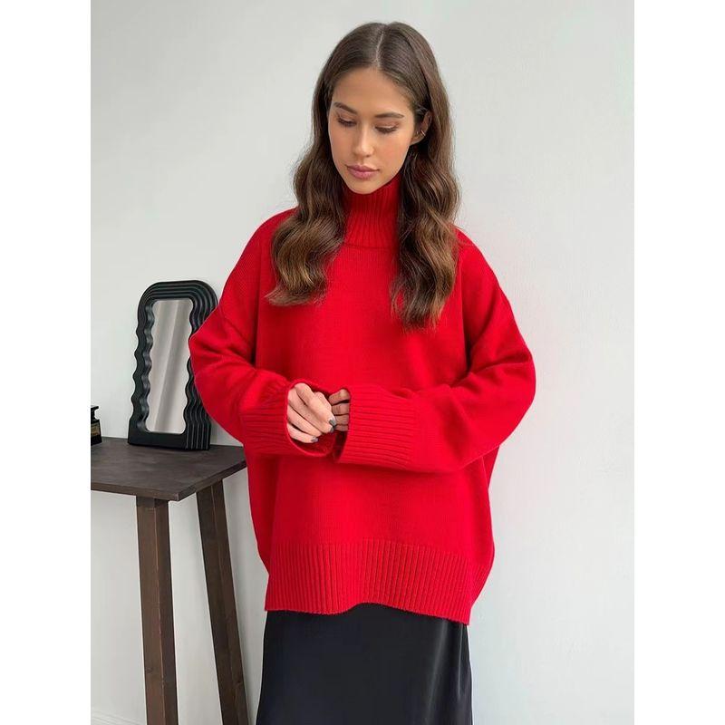 

Fashion Autumn and Winter Solid Color Turtleneck Sweater Loose Knitting Sweater High Neck Knitted Sweater Red M
