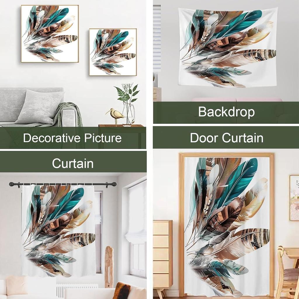 Boho Feather Shower Curtain Colorful Feathers Pattern Artistic Tribal Style Waterproof Bathroom Decor Accessory With Hooks