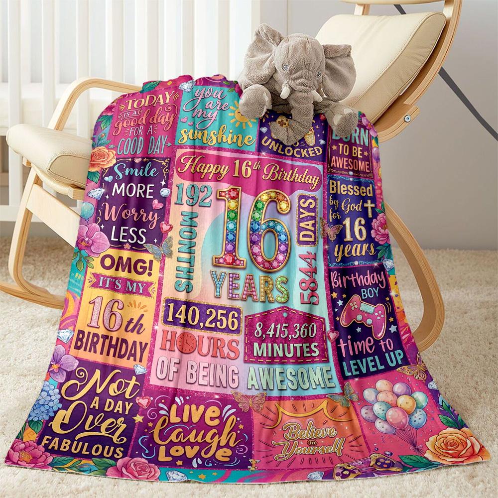 Happy 16th Birthday Celebration Flannel Blanket-Soft and Suitable for Sofas,Beds,Offices,Travel,All Seasons,Great Gift for Holidays and Birthdays.