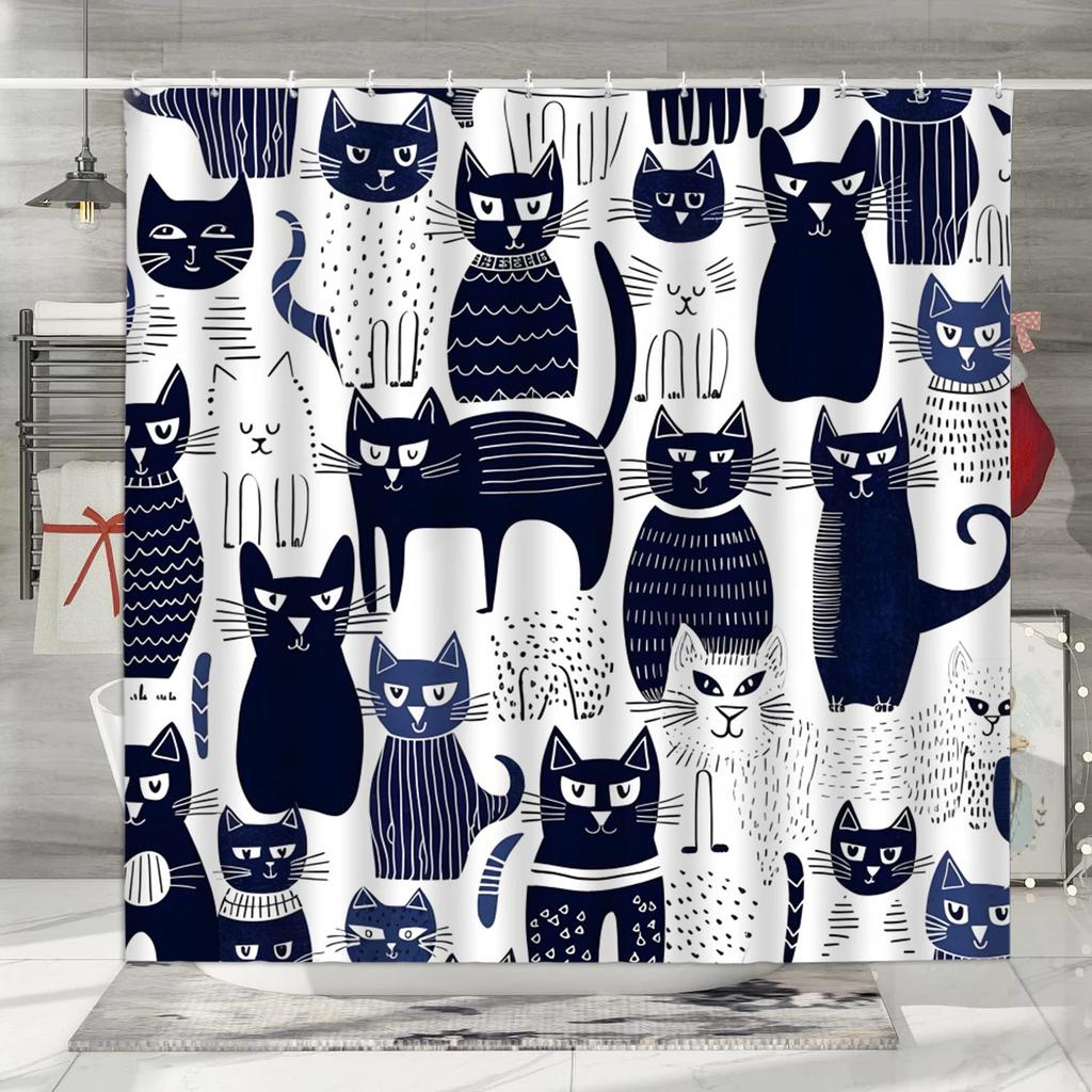 Funny Cat Shower Curtain Cartoon Cute Cats Dog Kids Shower Curtain for Bathroom Waterproof Polyester Home Decor Shower Curtains