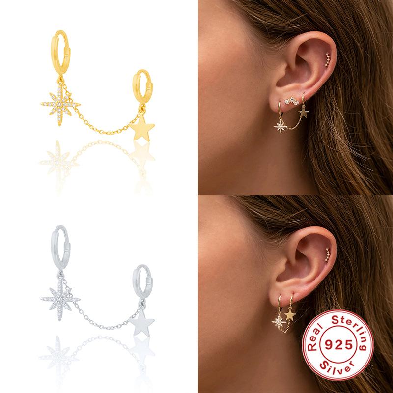 S925 Sterling Silver Mixed And Matched Chain Double Wear Stacked Wind Star Diamond Pendant Earrings Earrings