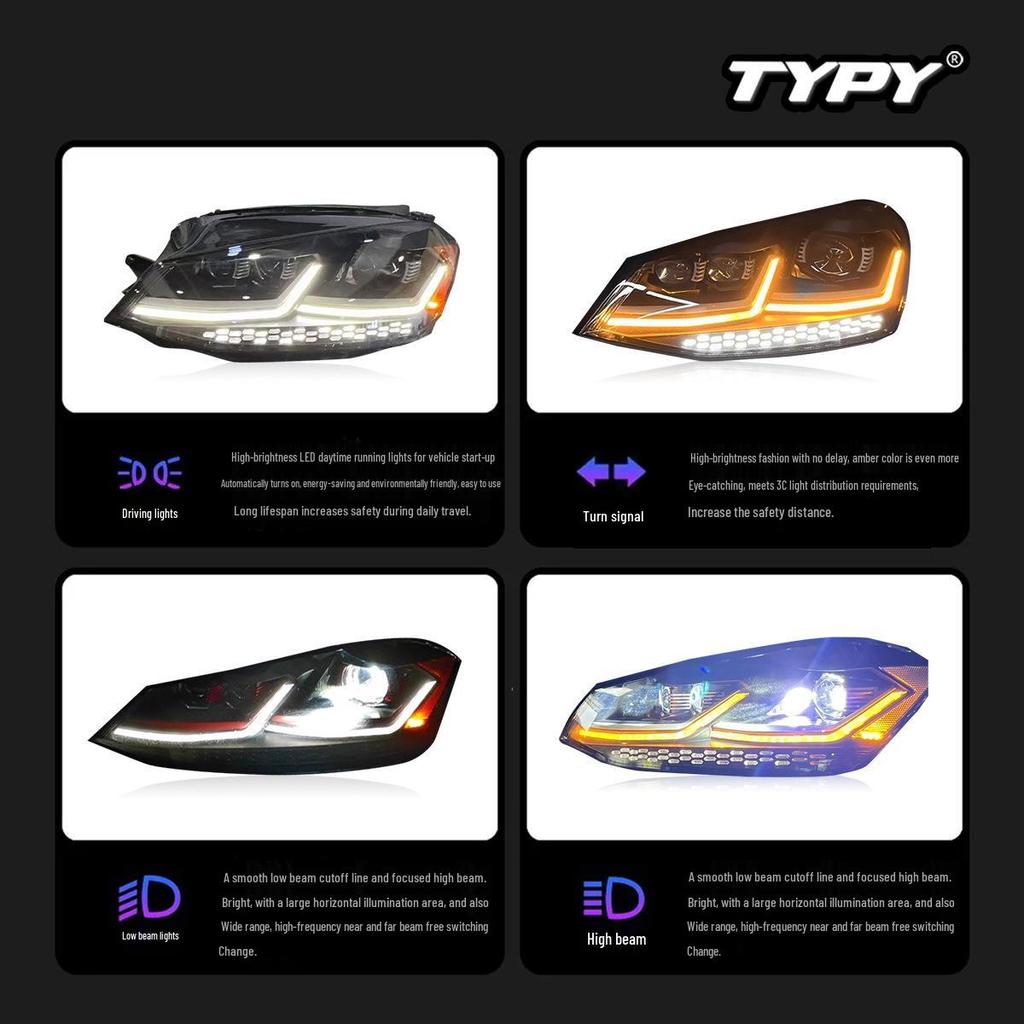 Volkswagen Golf 7 Headlight Assembly (2013-2017) - Starry Sky LED Lens, Daytime Running Lights, Flowing Turn Signals