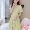 Chic Green French Chiffon A-Line Dress with Cinched Waist & Short Sleeves
