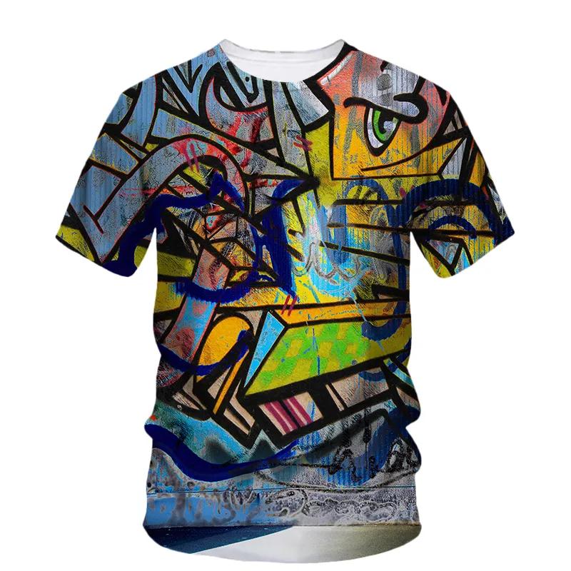 Sommar Ny Kreativ Graffiti Målning Konst Linje T-shirt Herr Mode Casual Hip Hop Harajuku 3D HD Tryckt O Krage Kort Ärm