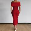 Women Dress Strapless Off Shoulder with Belt Solid Color Party Evening Dress for Office