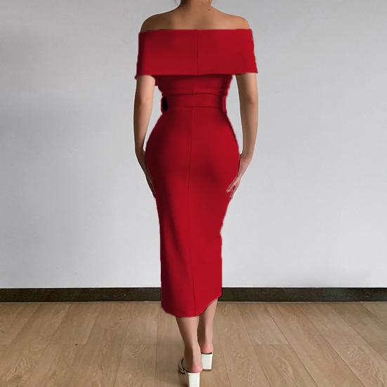 Women Dress Strapless Off Shoulder with Belt Solid Color Party Evening Dress for Office
