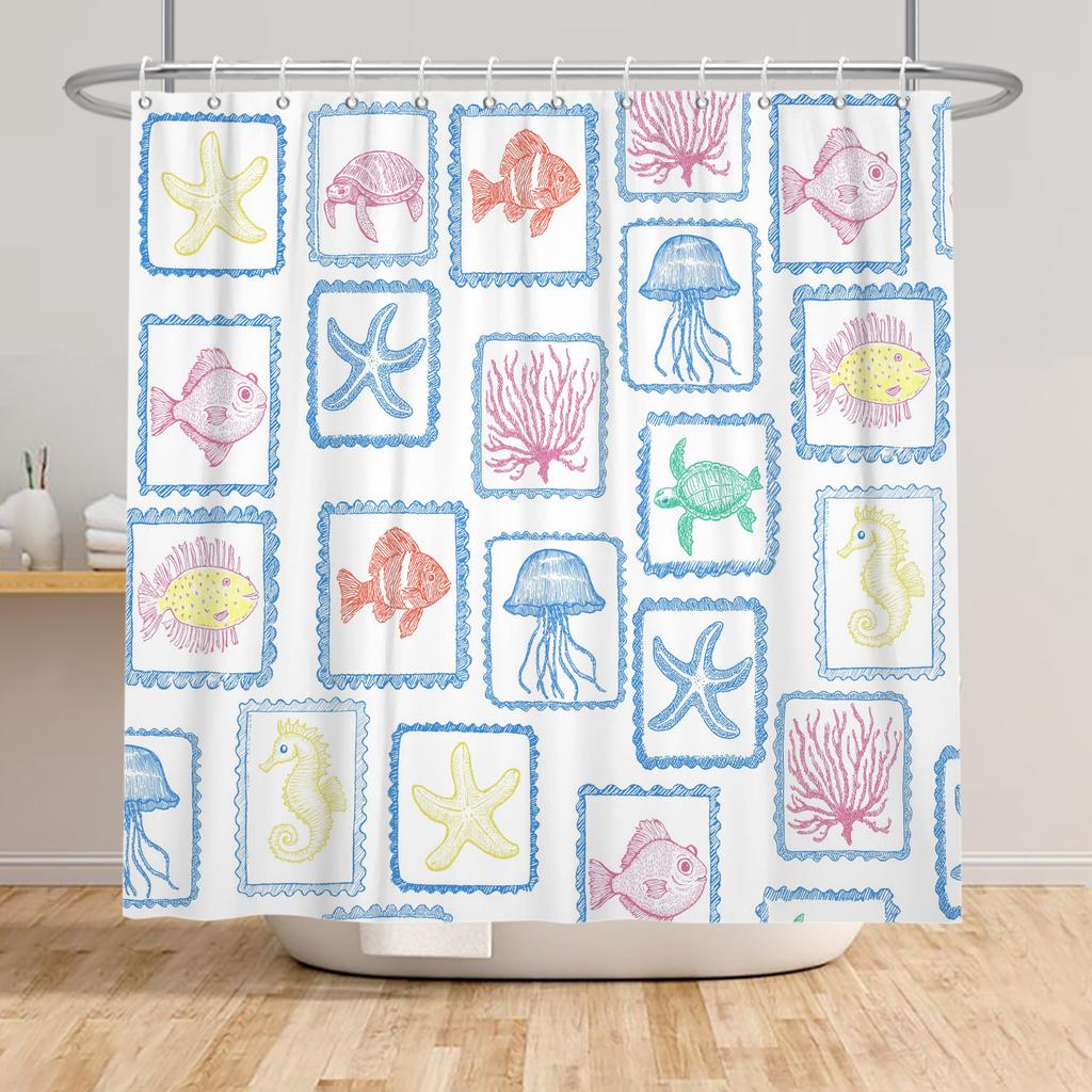 Ocean Theme Shower Curtain Underwater Marine Animal Patterns Sea Turtle Dolphin Whale Jellyfish Print Waterproof Bathroom Decor