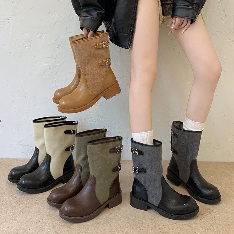 Skinny Medium Tube Pile Autumn Boots Thick Heel Splicing Women's Knight Boots Boots Belt Buckle Vintage Cowboy Boots
