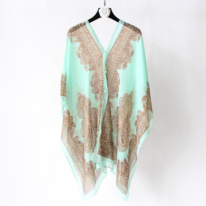 Beach Sun Protection Shawl Women Clothes Summer Beach Bikini Cover Up Loose Chiffon Blouse Shawl Scarf With Buttons