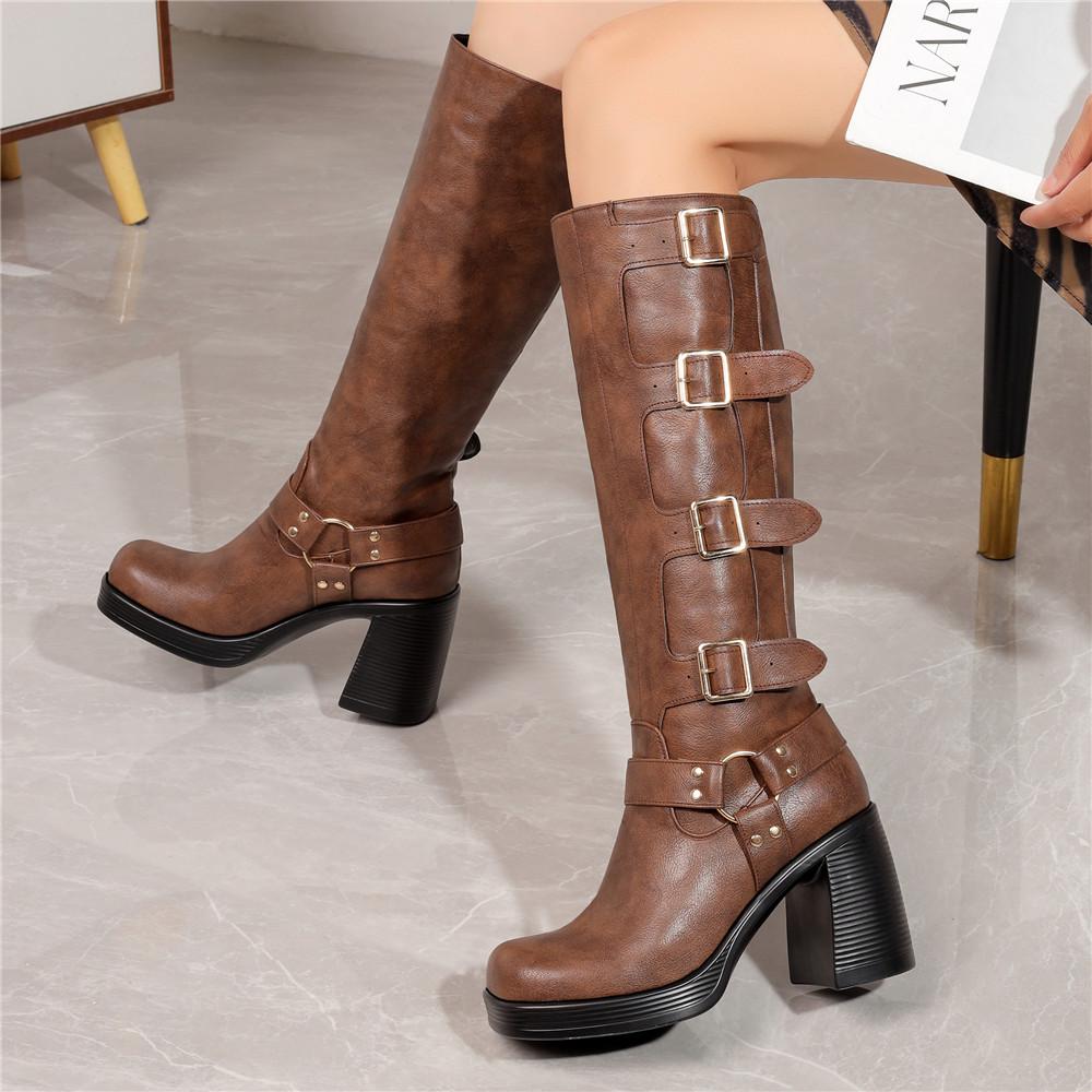 Fashion Ladies Motorcycle Booties Punk Style High Heel Shoes Autumn Winter Gothic Platforms Woman Buckle Square Toe Knee-High Boots