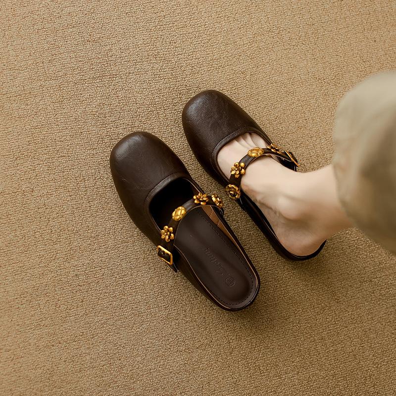 Inner height increase Spring and summer new niche metal buckle Mary Jane half slippers single shoes with cool slippers women