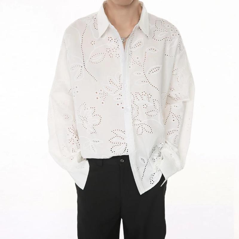 Niche Hollow Shirt Men's Long-sleeved Autumn New Design Jacquard Green Shirt