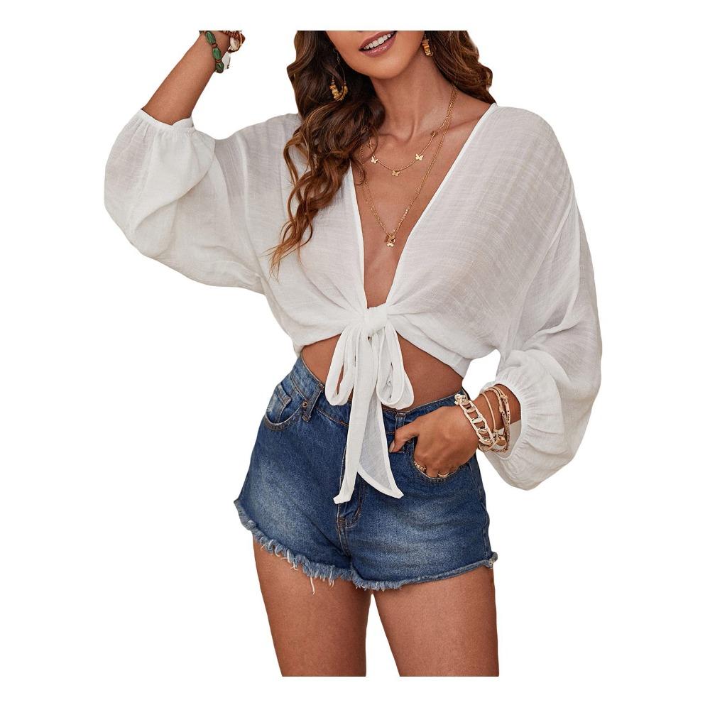 Euro-American, solid color bikini beach shirt women S белый