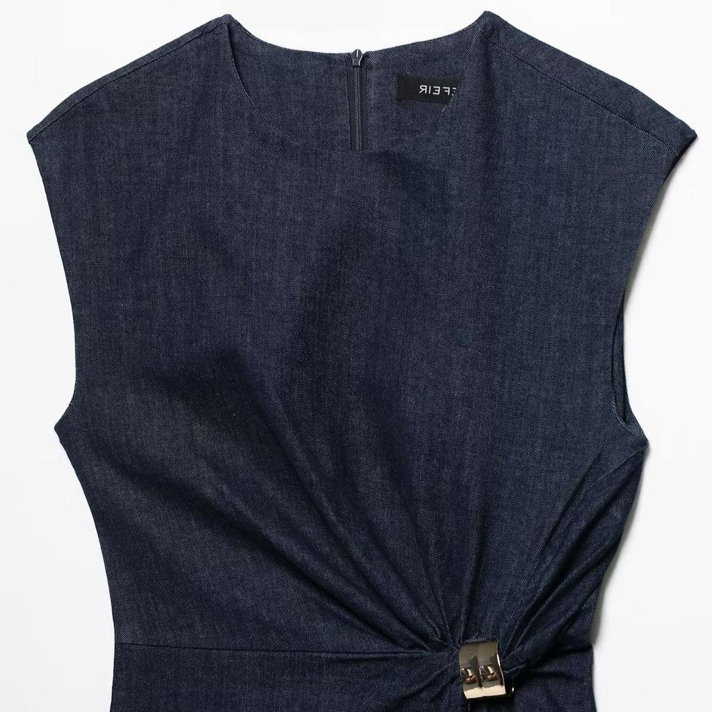 TAOP&ZA Elegant Round Neck Sleeveless Denim Dress with Waist Tie - Women's Spring/Summer Fashion