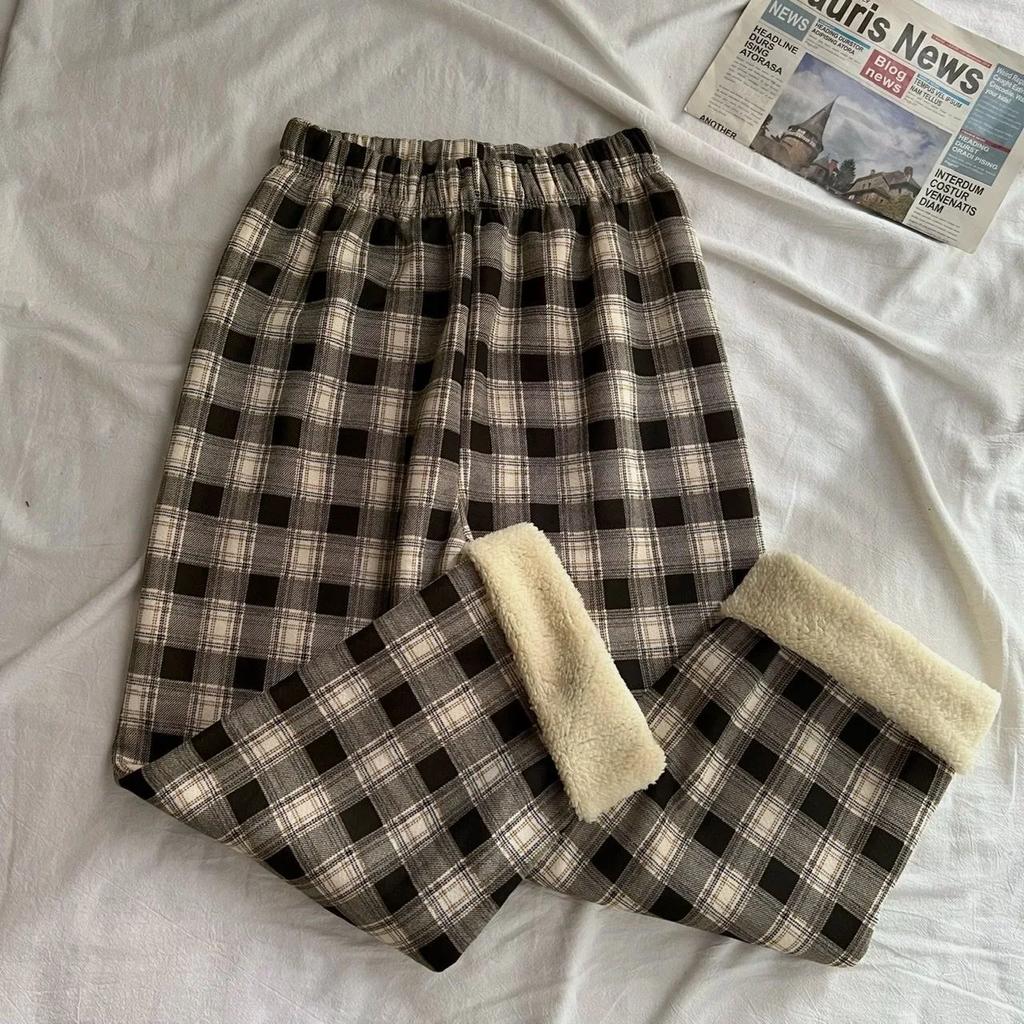 Winter Thick Plaid Pants Women Korean Fashion Warm Loose Wide Leg Trousers Student Y2K Causal High Waist Pants Outwear
