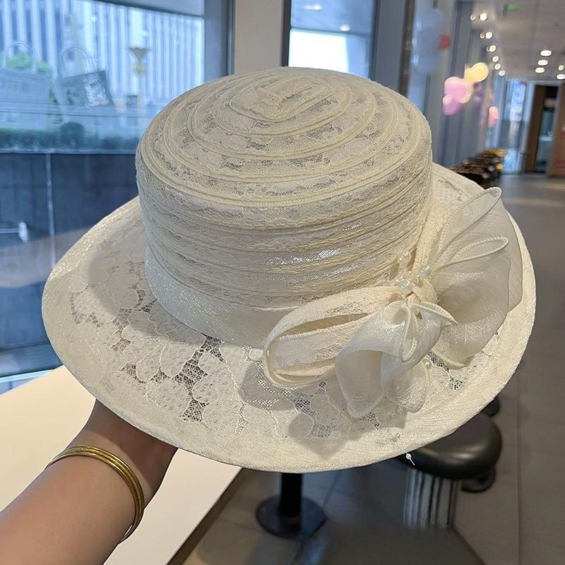 

Egret Tulle Bow Sun Hat With Wide Brim For Summer Outdoor Beach And Travel бежевий