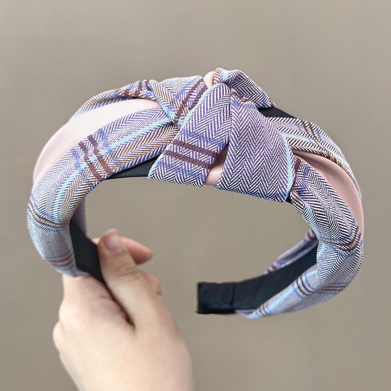 Prachtige Brede Synthetisch Leer Haarband Top Knoop Geruit Stoffen Hoofdband voor Vrouwen Shoppen Feest Reizen Hoofdsieraad Accessoires