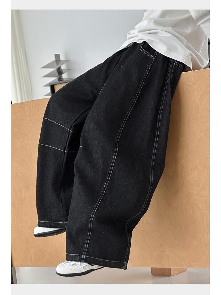 2025 Autumn Boys' American Trend Raw Denim Slimming Jeans - Loose, Straight Leg Pants