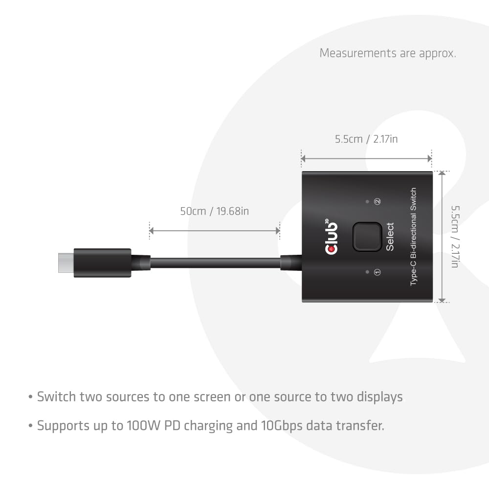 Club3D USB Type-C Bidirectional Switch, 8K60Hz/4K120Hz, 10Gbps, PD3.0, 100W, 2 Inputs/1 Output (CSV-2511)