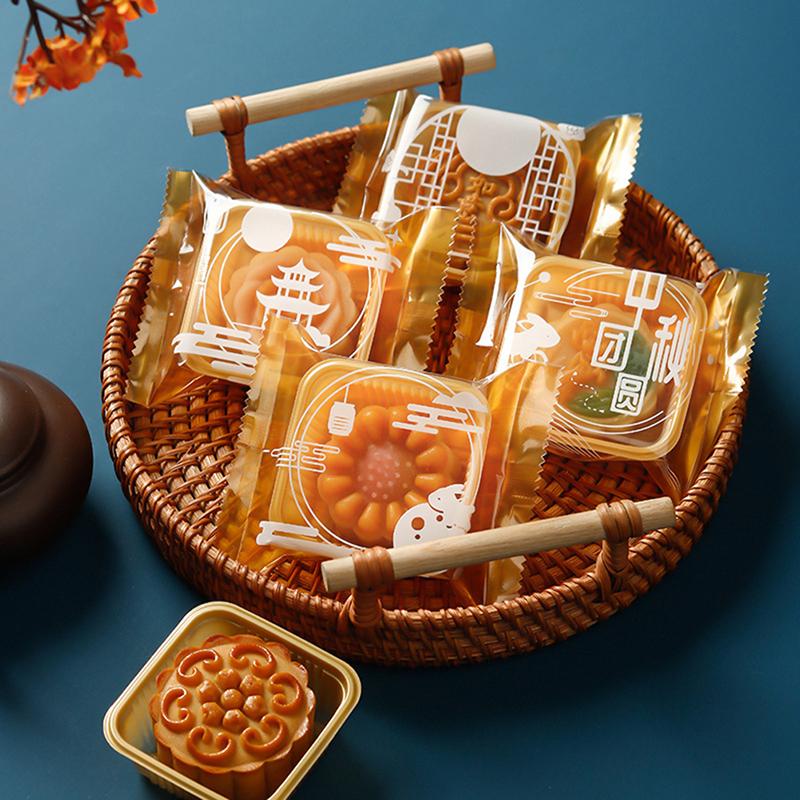 100Pcs Square Moon Cake Trays Mooncake Packaging Bag With Cover Food Container Holder Gold Plastic Cake For Cookie Egg Tart
