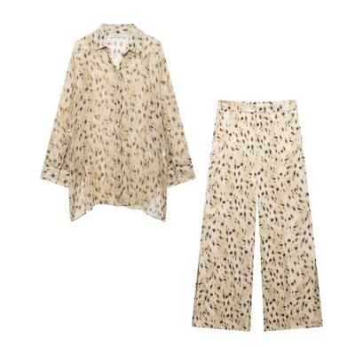 Women's Animal Print Trousers Two Piece Set Semi Sheer Lapel Single Breasted Shirt Split Design High Waisted Trousers