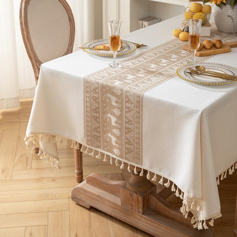 Christmas Deer Tablecloth Cotton And Linen Art Table Cloth Light Luxury High-End Rectangular Tablecloth Fringed Cover Towel
