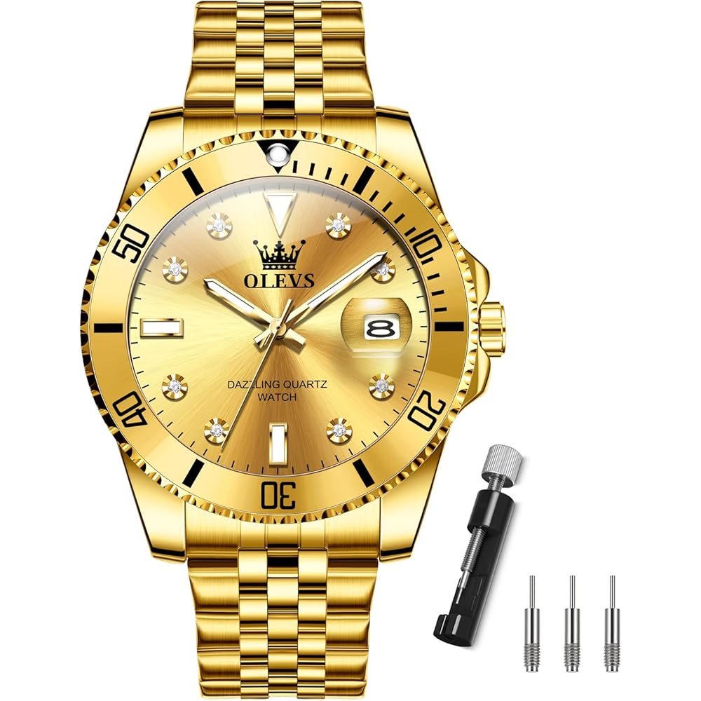 OLEVS Men s Waterproof Quartz Analog Watch Gold Stainless Steel Band Large Dial Business Fashion Timepiece