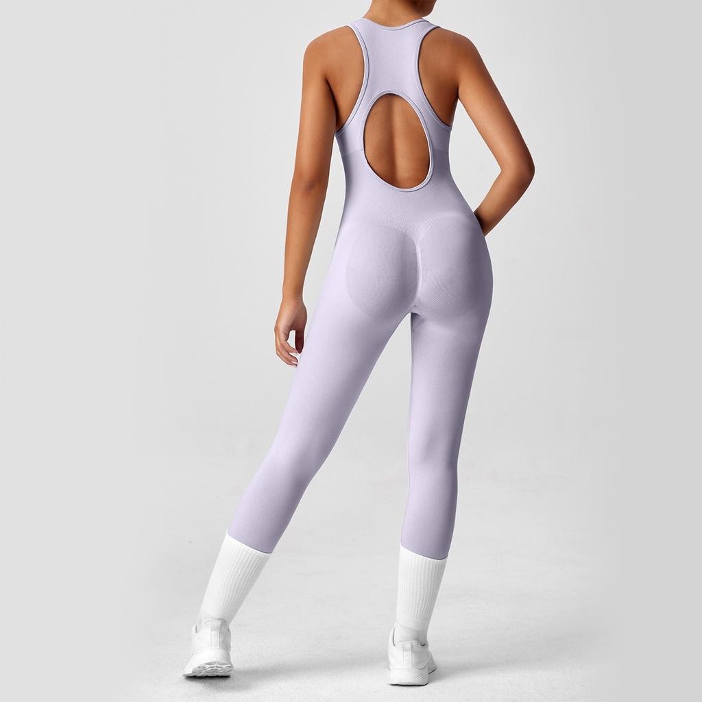 Tuta da Yoga da Donna alla Moda Monocolore Girocollo Schiena Stretta Tuta da Yoga