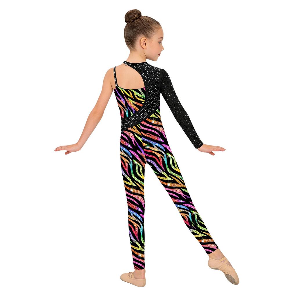 Girls Shiny Rhinestone Printed Gymnastics Jumpsuit Asymmetrical Full Length Bodysuit