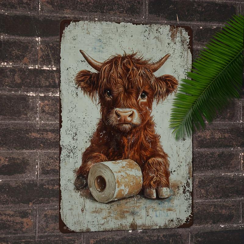 Vintage Highland Cow Metal Tin Sign - 1pc, 8"x12", Rustic Wall Decor with Weathered Look, Ideal for Man Cave, Bathroom, Home Dec