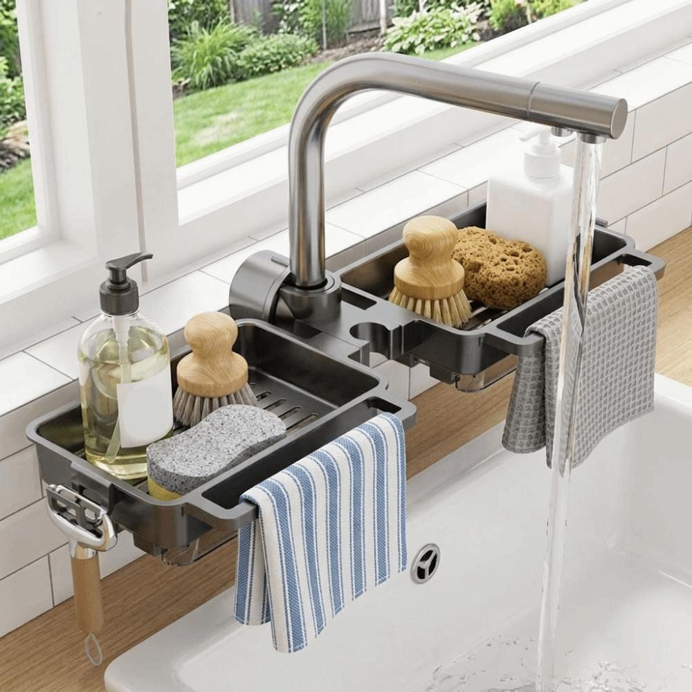 Plastic Sink Drain Rack Hanging Large Capacity Sink Faucet Organizer Adjustable Space Saving Soap Drainer Bathroom