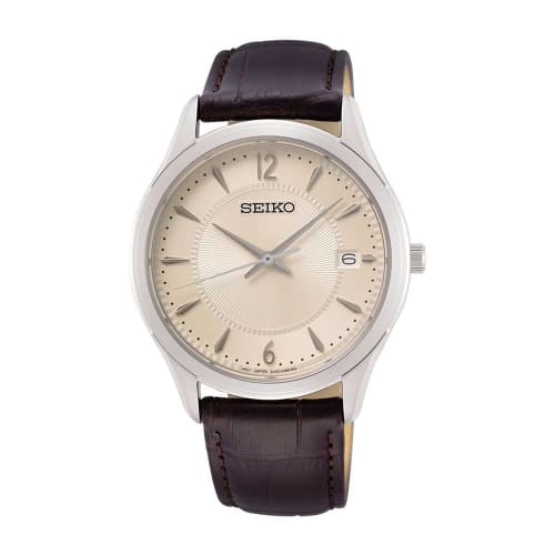

Seiko Men s Analog Quartz Watch with Leather Strap SUR421P1, Silver, Strap.