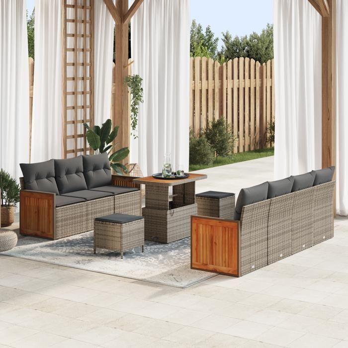 Ensemble de 10 pièces de sofa de jardin avec coussins Gris Poly Rattan Acacia 3363273