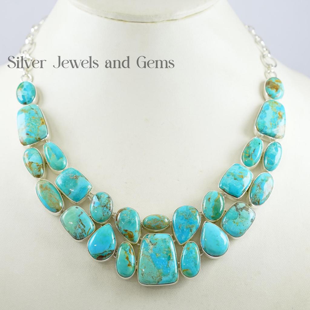 Natural Kingman Turquoise Necklace, Cluster Necklace, 925 Sterling Silver Necklace, Gift for Wife, Turquoise Statement Necklace