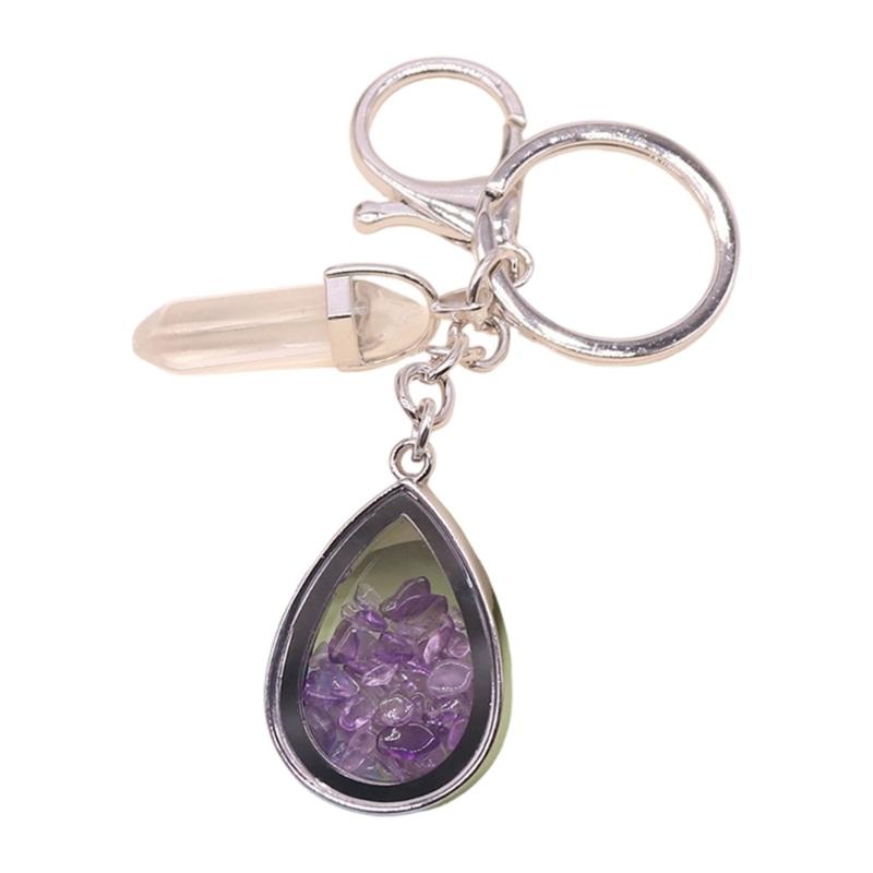 Natural Stone Crystals Teardrop Shape Photo Locket Keychain Featuring Diamonds Cut Designs for Sentimental Gifts