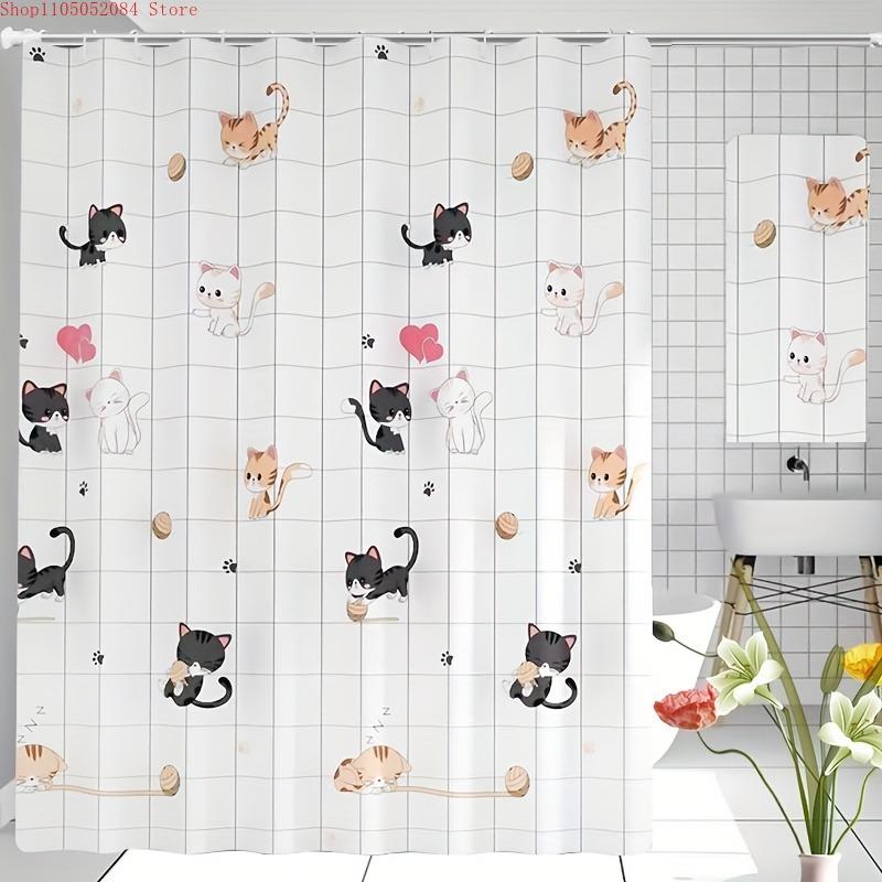 Adorable Feline Stylish Shower Curtain Bathroom - With Hooks Waterproof Mildew Proof Easy Install Washable