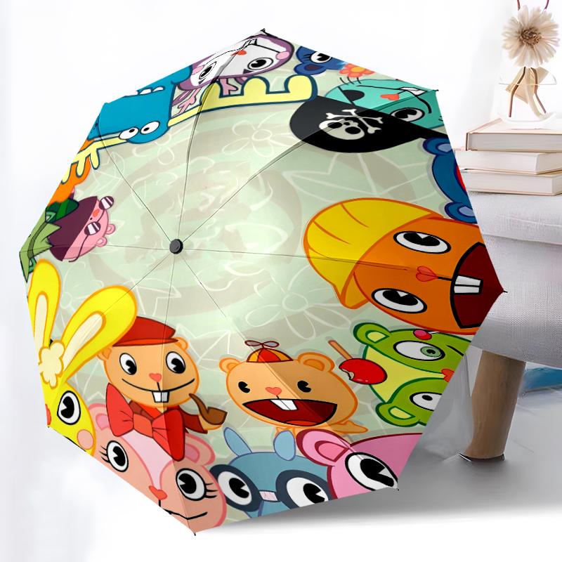 Happy Tree Friends3 Print Automatic Umbrella, 8 Rib Iron Frame, Plastic Handle, Suitable for Outdoor Travel &Daily , Ideal Gift
