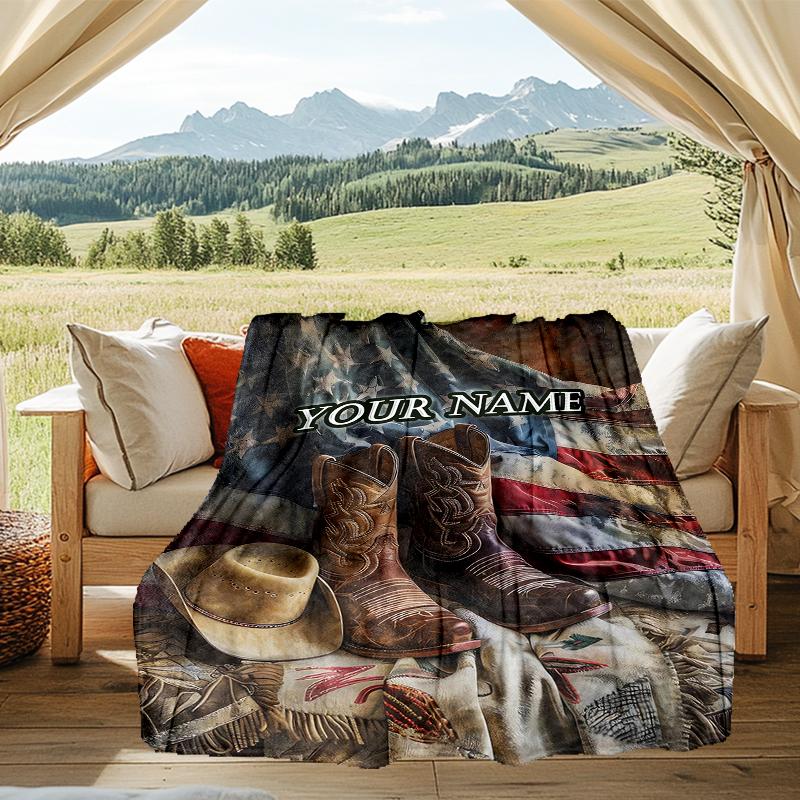 1PC Custom Name Rustic Boots Flag Outdooor Flannel Blankets Patterns Throw Blanket All-Season Soft Gift for Couch, Bed, Camping Gifts