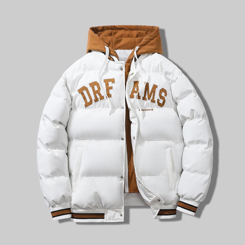 Men's Trendy Korean-Style Hooded Jacket - Loose Fit, Thick, Cotton-Filled, Fake Two-Piece Design for Autumn/Winter.