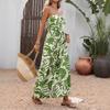 Summer New Style Vacation Fresh Trend One-piece Long Pants with High Waist and Plunging Neckline, Featuring Green Leaf Printed Design.
