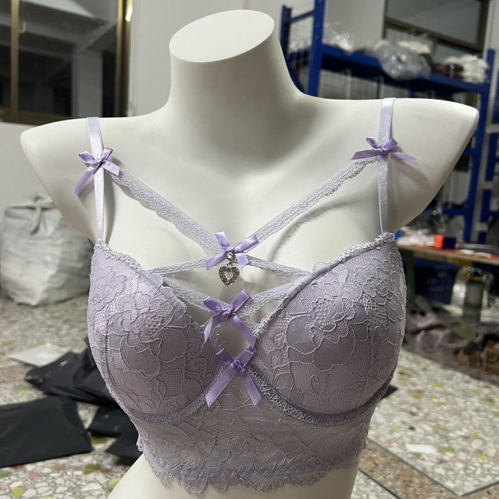 Teen Sexy Pure Lust Lace Small Chest Underwear Bra Show Big Cross Soft Steel Ring Bra Cover Set Gather