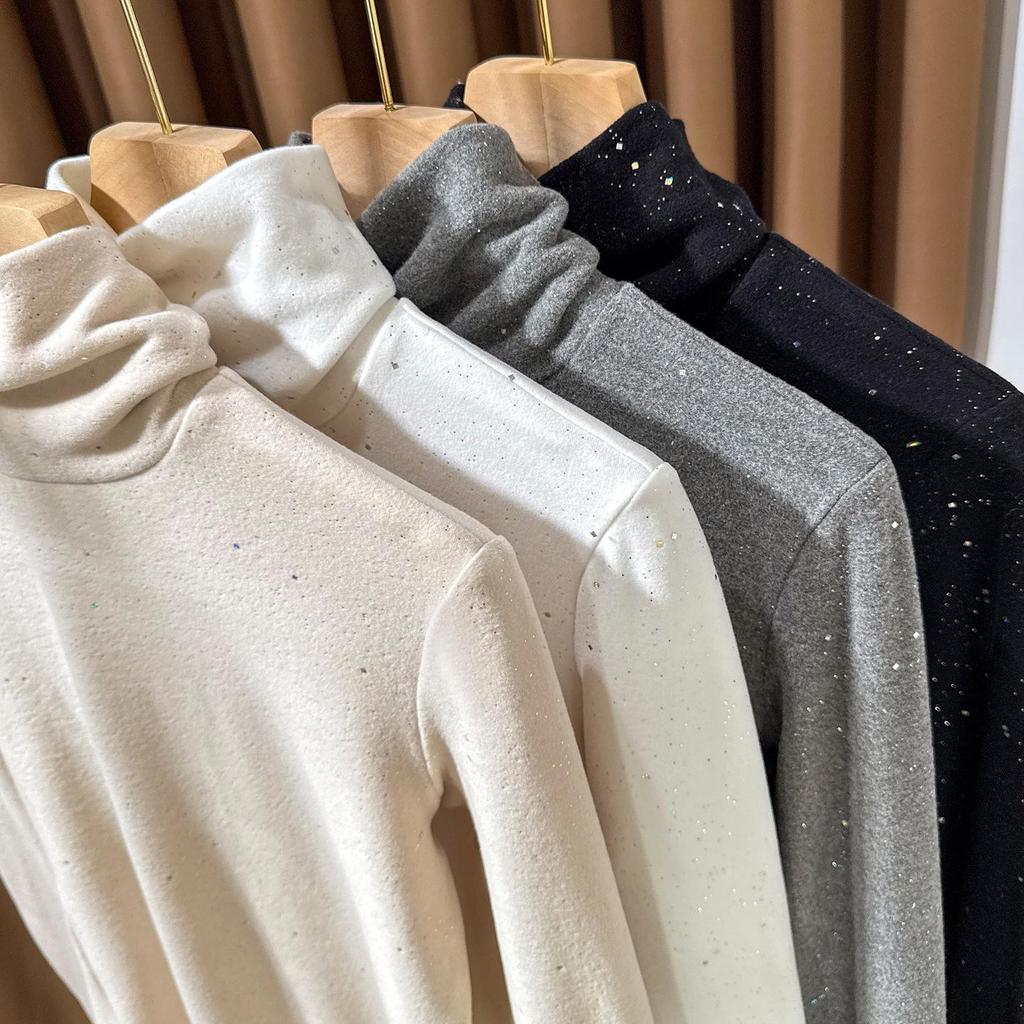 Women's Sequined High-Collar Brushed Corduroy Long Sleeve Shirt - 270g