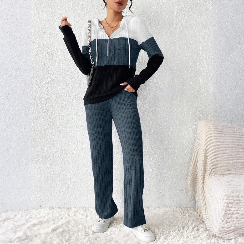 Women's Loose And Comfortable Hooded Drawstring Zipper Color Blocked Casual Fashion Top Solid Color Pants Set