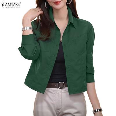 Women Turn Down Collar Casual Long Sleeve Solid Blouse