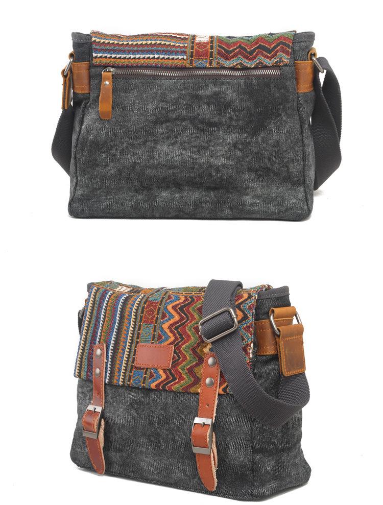 Ethnic Patchwork Canvas Shoulder Bag with Cowhide Buckle and Retro Webbing Design