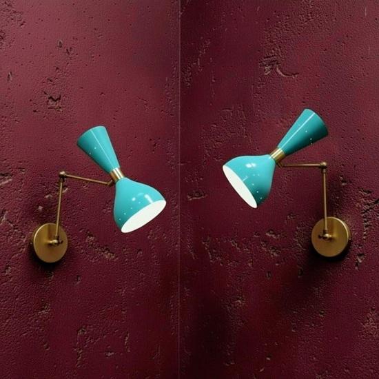 Handmade 1950s Ludo Italian Diabolo Style Mid-Century Modern Brass Blue Wall Sconce Lamp Pair Adjustable Reading Light Fixture
